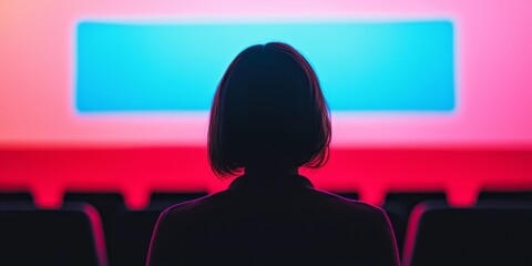 A silhouette of a person sitting in a theater, facing a brightly lit screen with vibrant colors, suggesting an immersive cinematic experience.