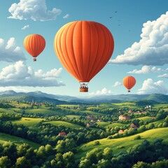 Fototapeta premium A serene landscape with orange hot air balloons floating over lush green hills and villages.