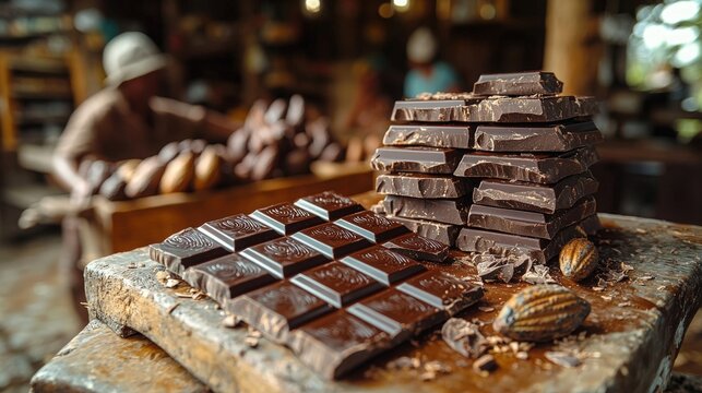 Chocolate bars displayed on a wooden table at a cacao processing workshop