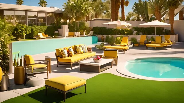 A mid-century modern house with a pool and a beautiful garden