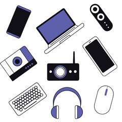 Collection of Technology Social Media Icons Depicting Various Electronic Devices and Gadgets on a White Background, Vector art EPS Format