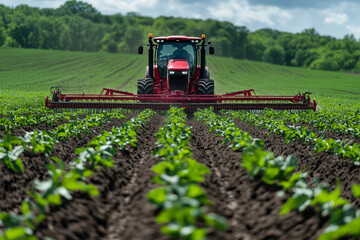 Fototapeta premium Vibrant agricultural field featuring automated machinery processing crops