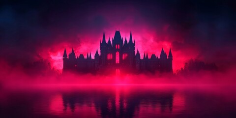 Naklejka premium A dark castle silhouette emerges from a vibrant pink mist, creating a mysterious and mystical atmosphere reflected in water.