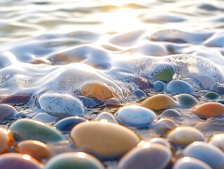 Obraz premium Beautiful waves around the river beautiful pebbles 