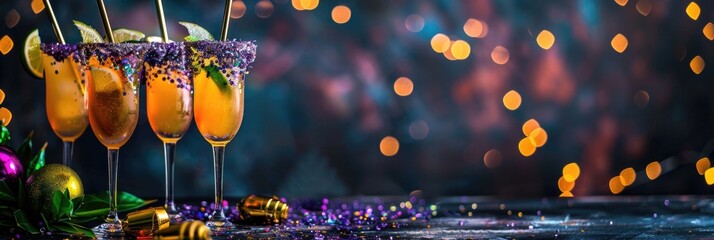 horizontal banner, Mardi Gras, elegant citrus cocktails on the bar, decorated with colorful confetti and beads, dark background, bokeh effect, poster, copy space, free space for text