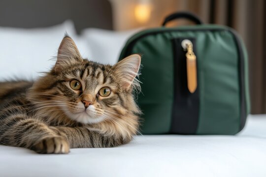traveling pet owner, a fluffy tabby cat lounging on a clean hotel bed, next to a travel bag and local attractions map