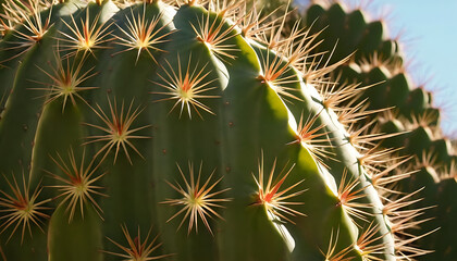 Green cactus plant with sharp needles under sunlight.