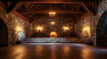 A rustic hall with exposed stone walls, a fireplace, and soft, warm lighting creating a historic ambiance.