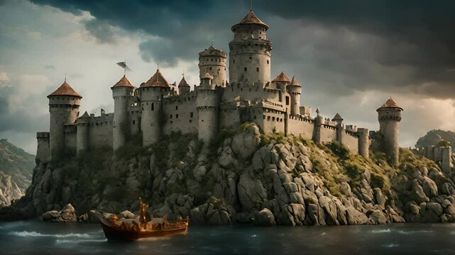 A Boat Sails Past a Rocky Castle