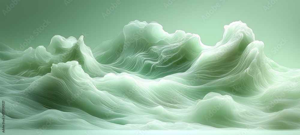 Wall mural dynamic flowing green waves with fine lines creating a fluid motion against a soft gradient green ba