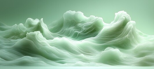 Obraz premium Dynamic flowing green waves with fine lines creating a fluid motion against a soft gradient green background