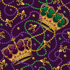 Seamless Mardi Gras pattern with imperial crown, randomly scattered Fleur de Lis sign, beads, interlaced strings of beads on dark purple background. Vintage illustration for holiday, party design
