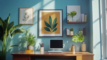 Chic Home Office Retreat, a contemporary workspace featuring sleek furniture, vibrant greenery, and inspiring wall art creating a productive and inviting atmosphere.