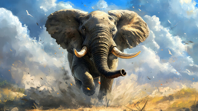 A massive elephant stomping through a dusty plain, its tusks and presence commanding the scene.