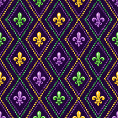 Geometric beaded pattern with fleur de lis symbol in center of grid cells. Diagonal diamond shaped rhombus grid, ornament. Decoration for Mardi Gras carnival. Vintage style illustration