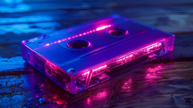 A retro cassette tape with blue and pink neon lights on a wooden table