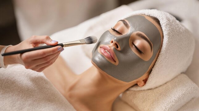 Woman receiving a facial treatment with a silver mask being applied by a professional in a spa setting
