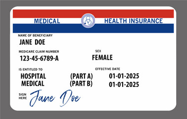 Here is a generic, mock, 2025 Medicare insurance card isolated on the background. This is a medical insurance card for a program backed by the USA government. 