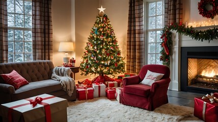 Classic Christmas Eve with Tree, Gifts, and Cozy Armchair