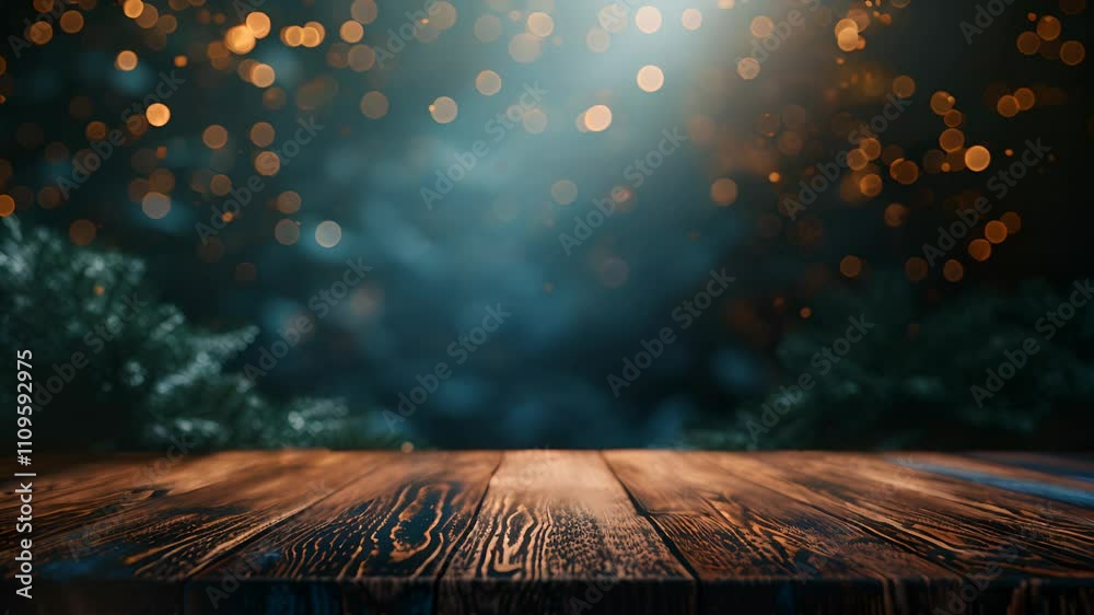 Wall mural abstract blurred bokeh lights with pine branches on wooden table background