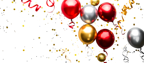 Creative party template. Colourful bright red gold silver balloon, streamer, confetti on transparent background cutout, PNG file. Mockup template for artwork. Wallpaper banner