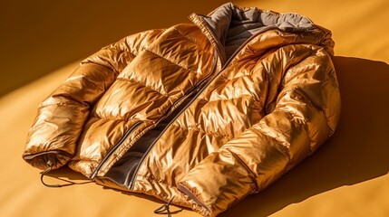 Yellow down jacket on a yellow background. Close-up view.