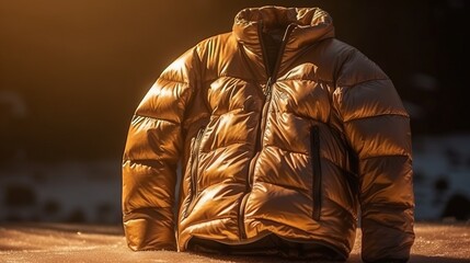 Winter jacket on the snow on the background of the setting sun.