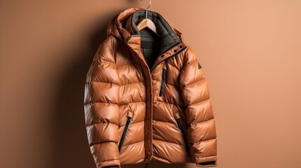 Stylish winter jacket hanging on hanger on brown background, closeup