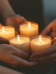 Hands holding lit candles during peace vigil.