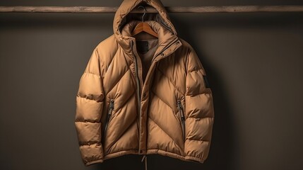 Yellow winter jacket hanging on clothes hanger on gray wall background.