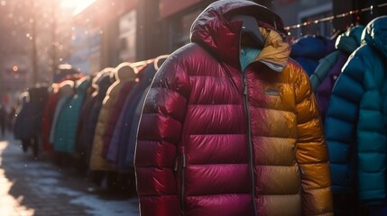 Colorful winter jackets for cold weather on a street in the city