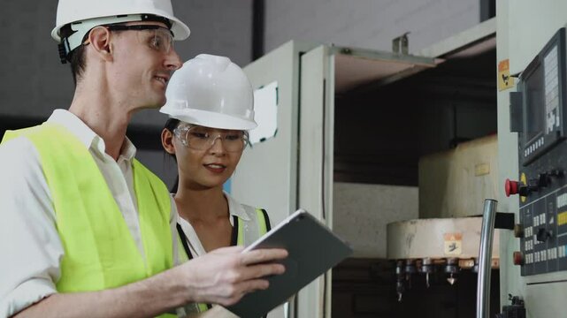 Two employees in an industrial factory hall, male engineer with digital tablet explaining work to young female Asian technician, both in hard hats for safety
