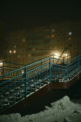 Stairs in night. Norilsk, a city above the Arctic Circle. North of Russa
