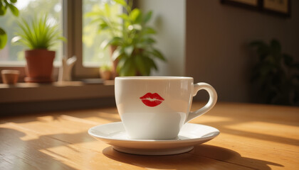 Cup with lipstick kiss, warm atmosphere, unexpected kiss, bright sunlight