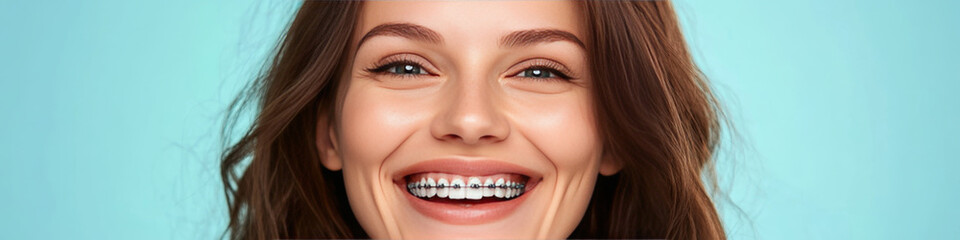Smiling brunette woman with braces on blue background