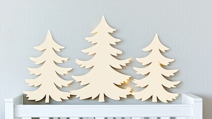 Obraz premium Christmas nursery decor concepts. Three wooden trees decoratively arranged on a white background.