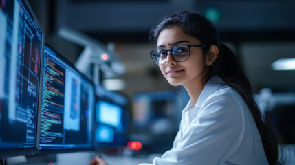 Fototapeta premium Focused Female Scientist Working in High-Tech Laboratory