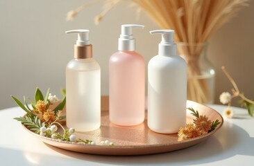 Mock up for manufacturers and sellers of skin care cosmetics. Jars and tubes of white and delicate pastel trendy colors without labels of different shapes and sizes on a mirror tray. Freshness