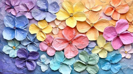 Obraz premium kids art craft and collage concept. A vibrant arrangement of colorful paper flowers in various shades, creating a beautiful textured background.