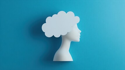 Profile of a Minimalistic White Female Bust with a Cloud Concept Overhead Representing Ideas and Creativity Against a Solid Turquoise Background