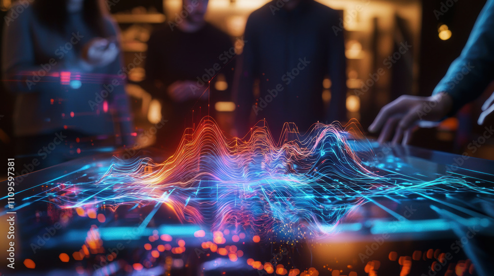 Poster high resolution image of holographic interface displaying vibrant data visualizations. colorful wave