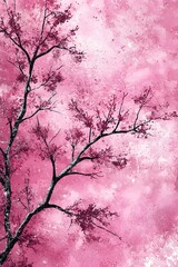 A delicate silhouette of a cherry blossom tree against a vibrant pink background, creating a serene and artistic atmosphere filled with soft hues and abstract textures.