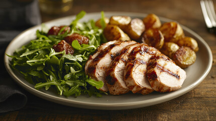 balanced lunch plate featuring grilled chicken, roasted potatoes, and fresh arugula salad, creating delicious and healthy meal option