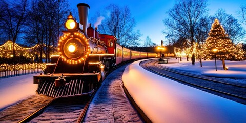 christmas train traveling on the tracks in the winter snow