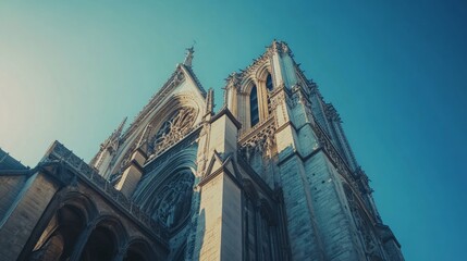 Naklejka premium Majestic Castle Under Clear Blue Skies, a stunning view of an iconic historical landmark surrounded by vibrant greenery and a brilliant azure sky, evoking a sense of timeless beauty.
