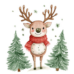 Christmas deer in a red scarf, in a winter forest, watercolor clipart. transparent background, png. kids illustration.