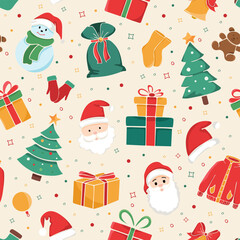cheerful Christmas seamless pattern with festive icons in a hand-drawn style. Background with classic Christmas elements for holiday wrapping paper, greeting cards or festive apparel