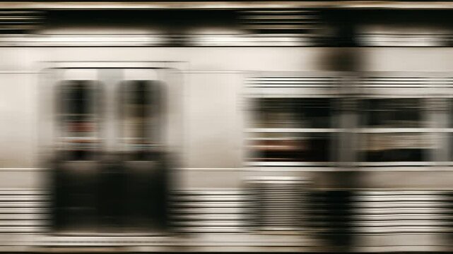 Side view of a train passing by at high speed. Subway moving forward with motion blur effect. 4K Infinite Seamless loop animation.