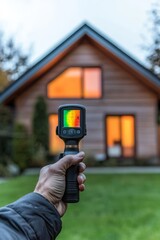 A person uses a thermal imaging device to assess the exterior of a house, identifying heat loss and energy efficiency improvements