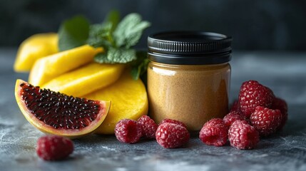 Fresh mango slices and raspberries with a jar of nut butter on a dark background